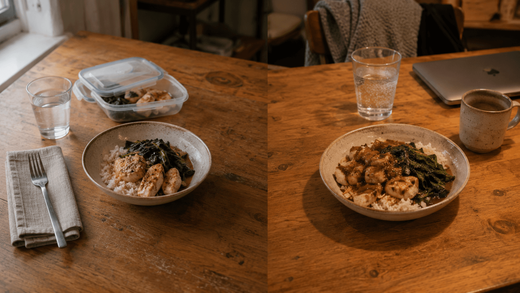 The same chicken, rice, and greens meal shown in two different eating contexts.