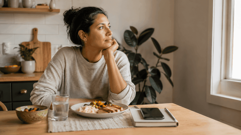 A meal and symptom tracking illustration for reflux after a familiar food.