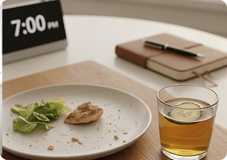 A plate and clock representing meal timing and acid reflux context.