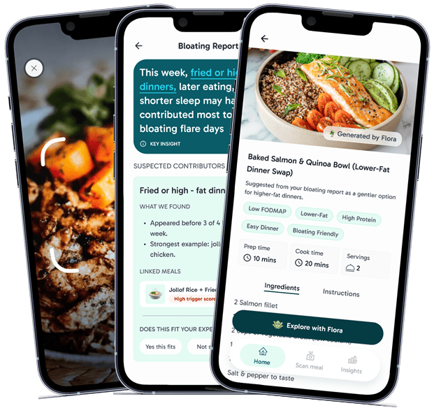 Three Flourish app screens showing meal scanning, bloating insights, and recipe next steps.