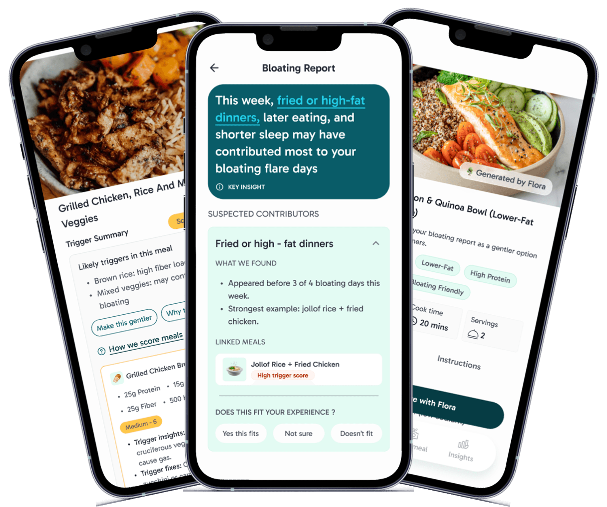 Three Flourish app screens showing meal insights, recipe ideas, and symptom context.