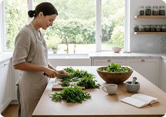A person preparing greens in a kitchen for an IBS-friendly meal.