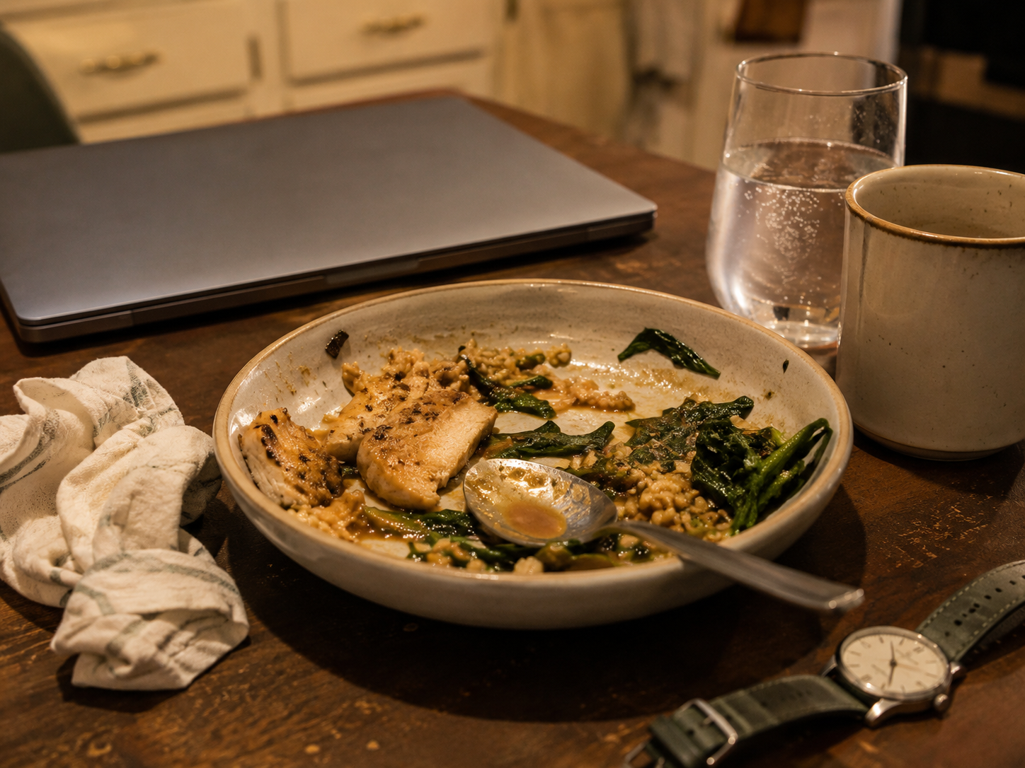 An empty bowl, glass, laptop, and watch after a meal, suggesting meal timing and daily context.