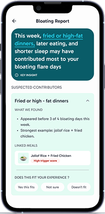 Flourish app insight report screen showing meal context and symptom patterns.