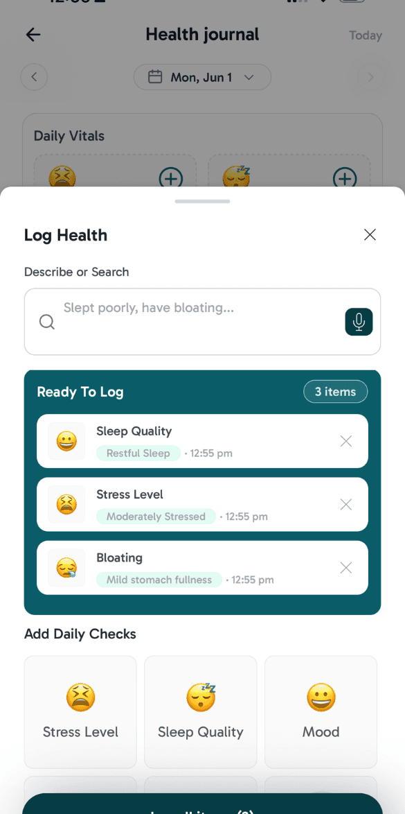 Flourish app health journal screen