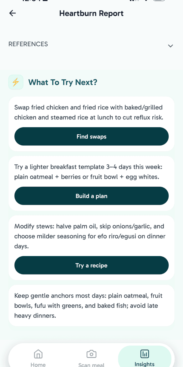 Flourish app heartburn report sample with next steps